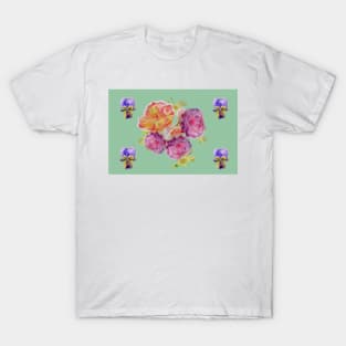 Shabby Chic Pink Roses on Green floral Pattern T-Shirt